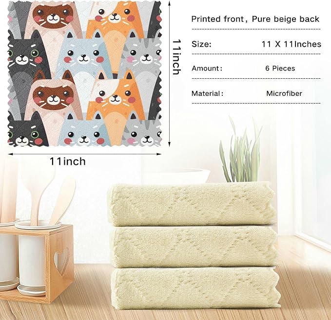 CaTaKu Cute Cats Microfiber Reusable Cleaning Cloths Kitchen Dish Cloths Dish Rags for Washing Dishes, Animal Dish Towels Washcloths for Kitchen Drying, 6 Pack