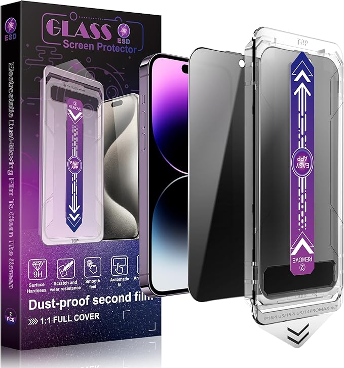 SHANG PIN JIA 2 Pack Privacy Screen Protector for iPhone 15 Plus and iPhone 14 Pro Max 6.7-Inch Auto Dust Removal, No Bubbles, Anti-Spy Tempered Glass Film, Easy Installation