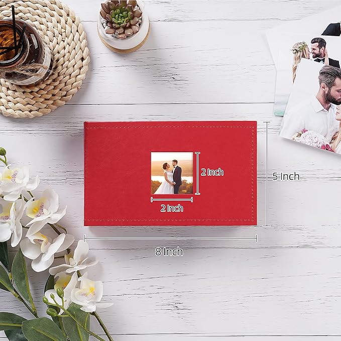 potricher Small Photo Album 4x6 100 Photos Leather Cover Picture Book with 100 Horizontal Pockets for Family Wedding Anniversary and Baby (Red)
