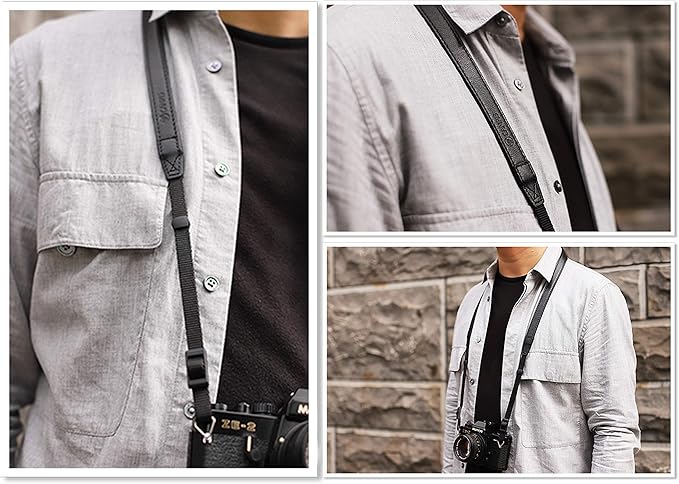 CANPIS CP008 Leather Camera Shoulder Neck Strap compatible with Canon Nikon Leica Fuji Sony Olympus etc. Black Color, Adjustable Length, Slim with Flocking Comfortable Pad