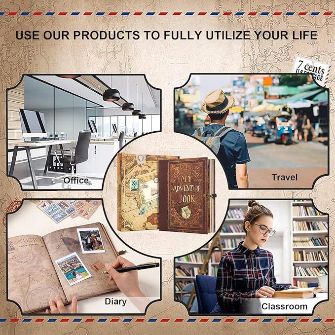 My Adventure Book Scrapbook 124 Pages Retro Style Embossed Photo Album,DIY Handmade Memory Travel Diary Photo Scrapbook for Couples,Anniversary,Wedding,Valentines Day Gifts(Brown)