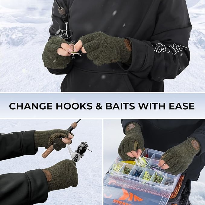 KastKing Bully Wooly 3-Cut Fingerless Wool Fishing Gloves, Cold Weather Warm Winter Gloves for Men & Women, Ice Fishing