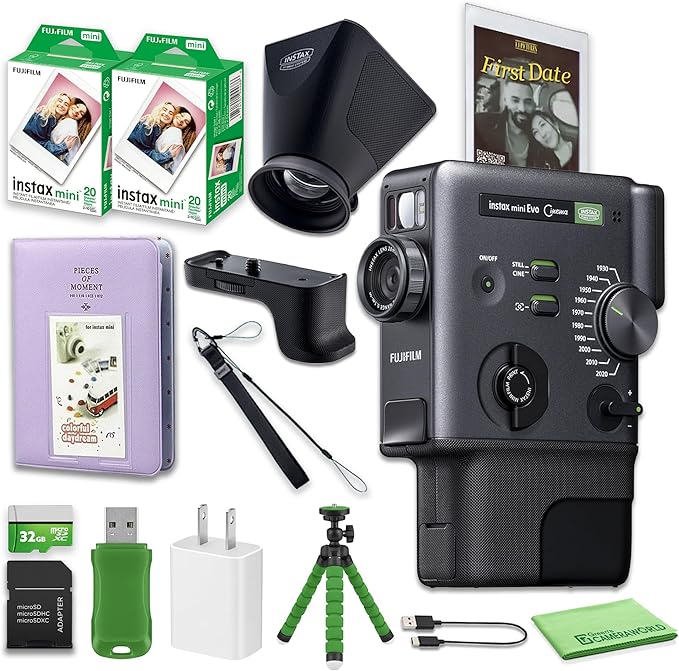 FUJIFILM instax mini Evo Cinema Hybrid Instant Camera Print Bundle with Viewfinder Grip + Album + Tripod + 32GB Card + USB Reader and 40-Photo Instax Mini Film