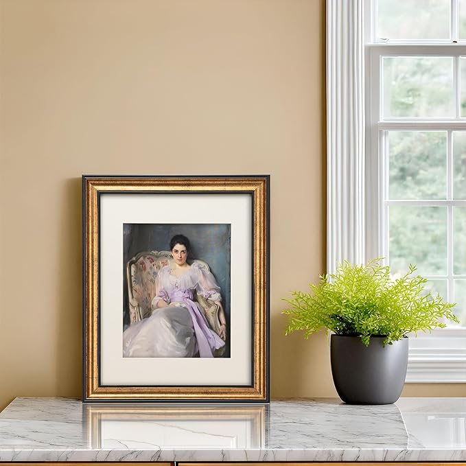 11x14 Antique Gold with Dark Brown Border Trim Wood Ornate Vintage Classic Picture Frame, With Mat 8x10 inches, Real Glass Protection, Horizontal or Vertical Display