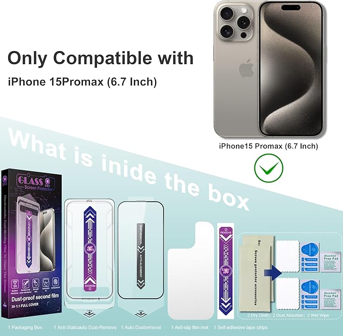 SHANG PIN JIA 2 Pack Screen Protector Tempered Glass for iPhone 15 Pro Max 6.7-Inch Auto Dust Removal, No Bubbles, High Definition Clear, Easy Installation