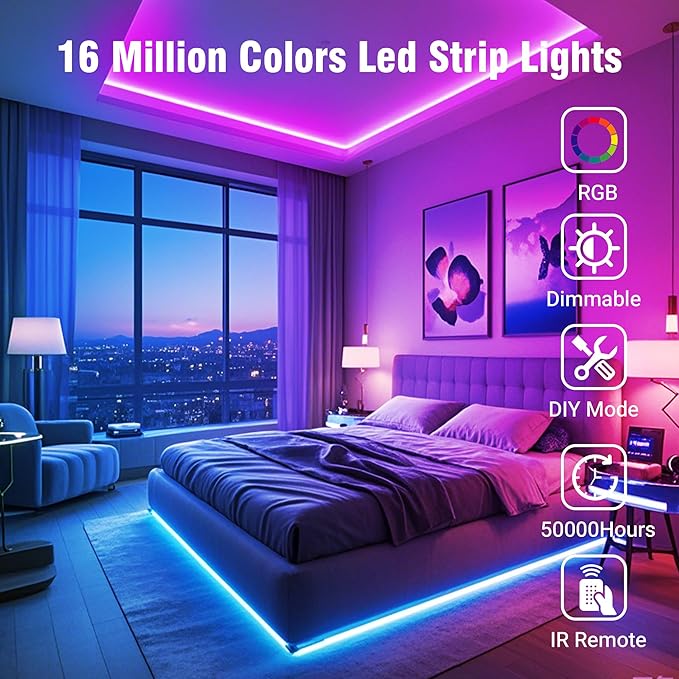VOLIVO 100ft Led Strip Lights for Bedroom, Color Changing Led Light Strips Kit with Bluetooth App Control and IR Remote, RGB Music Sync Lighting for Room, Home Decor