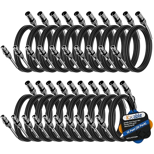 XLR Microphone Cables (10FT, 20-Pack), XLR Male to Female Balanced Mic Cable, 3-Pin Shielded Speaker Cord, Zinc Alloy Connectors, Premium 22AWG Pure Copper, Metal Spring SR, Recording Studio, Podcast