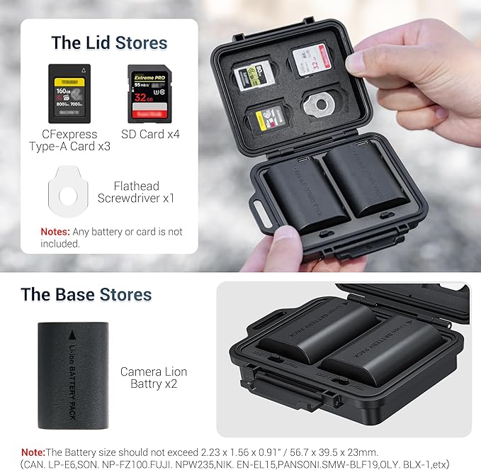 JJC Portable Camera Battery Memory Card Storage Case for 4 SD Card,3 CFexpress Type-A Cards,2 Camera Batteries, Compact Cameras Battery Holder Box for Sony NP-FZ100 NP-FW50