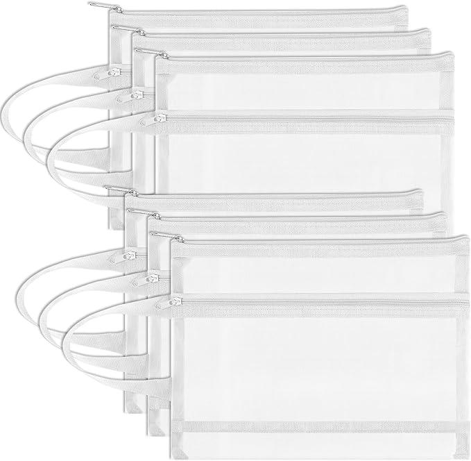 Fassave 6 Pack Mesh Zipper Pouch Bags, Double Layer Nylon Pouch with Handle for Office Travel Organization (White, A4)