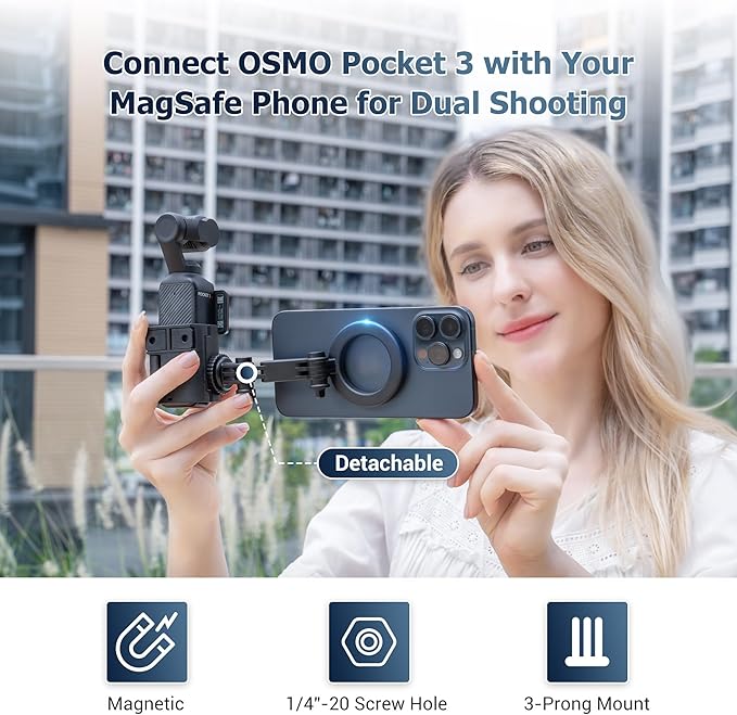 JJC Pocket 3 Magnetic Phone Holder Mount, Expansion Adapter Cage for DJI Osmo Pocket 3 Creator Combo, with Cold Shoe & Magsafe Bracket for iPhone 17 16 15 14, Pocket3 Vlog Accessories on Tripod Stick