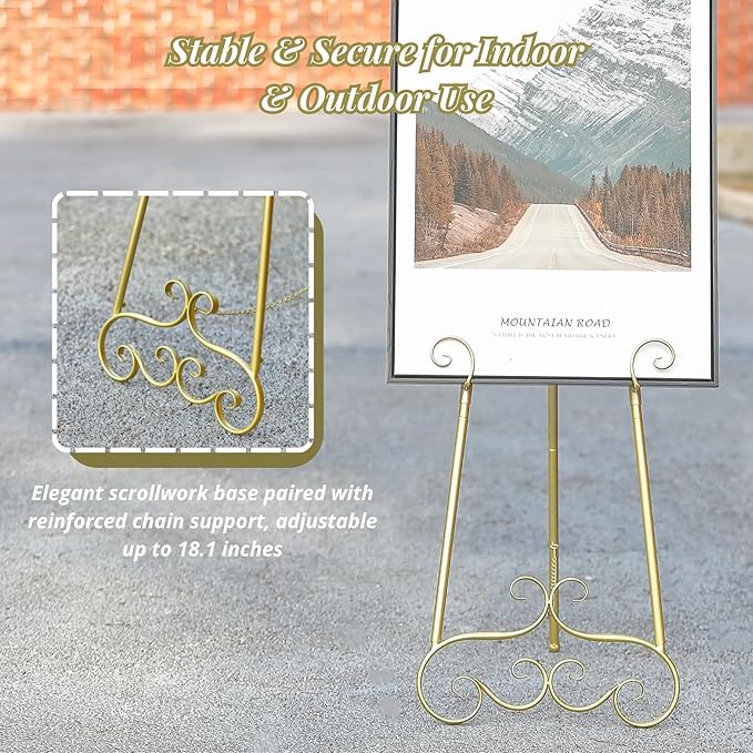 57”H Metal Easel Stand for Sign Gold, Upgrade Large Free Standing Adjustable Display Scroll Easel Stand, Heavy Duty for Mirror Pictures Wedding Holder Showcasing with Chain Support