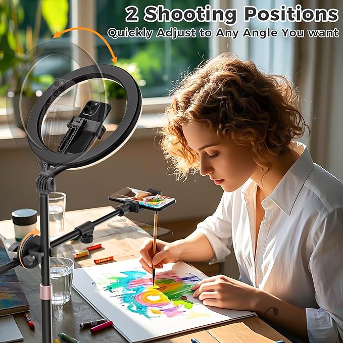 11" Desk Ring Light,Wireless Bluetooth Ring Light with Stand & Phone Holder,Overhead Phone Mount for Video Recording,Tripod for Cooking Videos,Webcam Lamp/TikTok/YouTube,Compatible with iPhone Camera