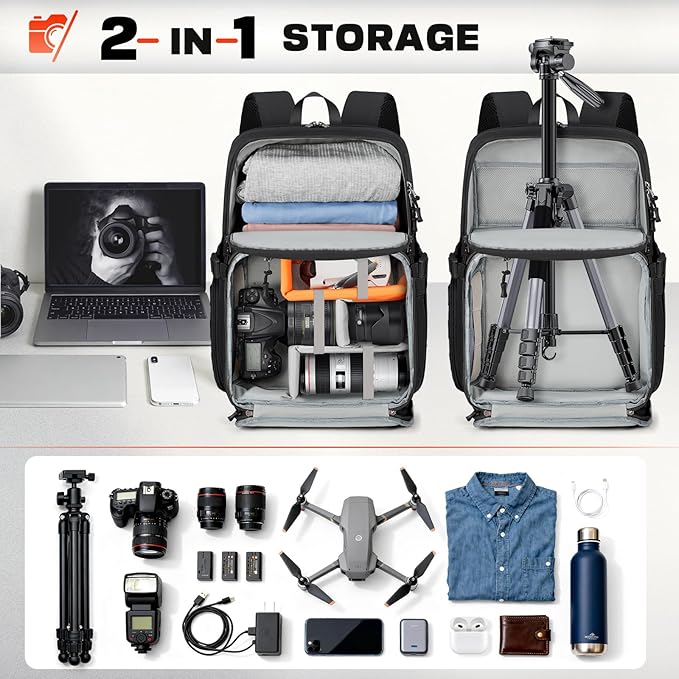 RAINSMORE Camera Bag Backpack for DSLR/SLR/Mirrorless Camera Bags for Photographers 15.6 Inch Waterproof Tactical Photography Backpack Case with Rain Cover & Tripod Holder, Black
