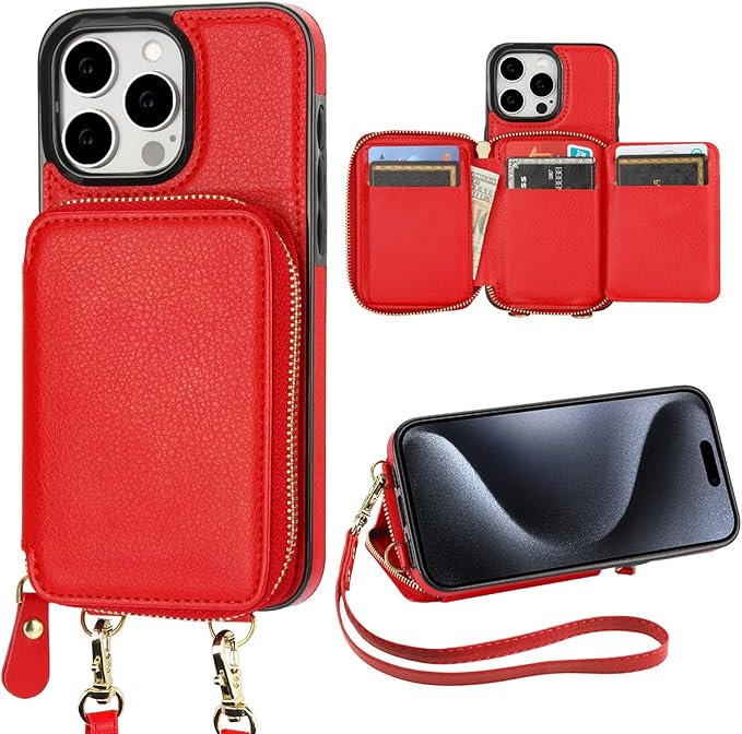 Bocasal RFID Blocking Wallet Case for iPhone 15 Pro Max, Adjustable Crossbody Zipper Purse with Wrist Strap, PU Leather Flip Folio Case 6.7 Inch 5G (Red)