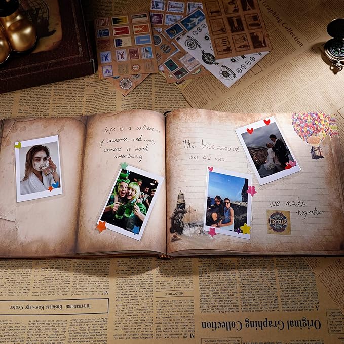 JIMBON Our Adventure Book Scrapbook 180 Pages Photo Album, DIY Handmade Memory Travel Diary Photo Book Journal Scrapbook,Embossed Letter Leather Cover for Anniversary,Wedding