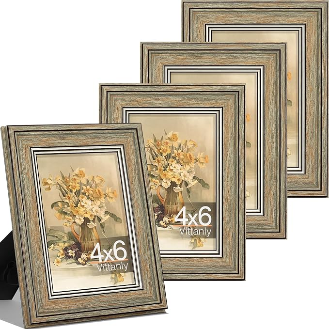 Vittanly 4x6 Picture Frame Set of 4, Vintage Photo Frame for Wall or Tabletop, Display 4x6 Pictures, Rustic Farmhouse Home Decor, Vintage Green