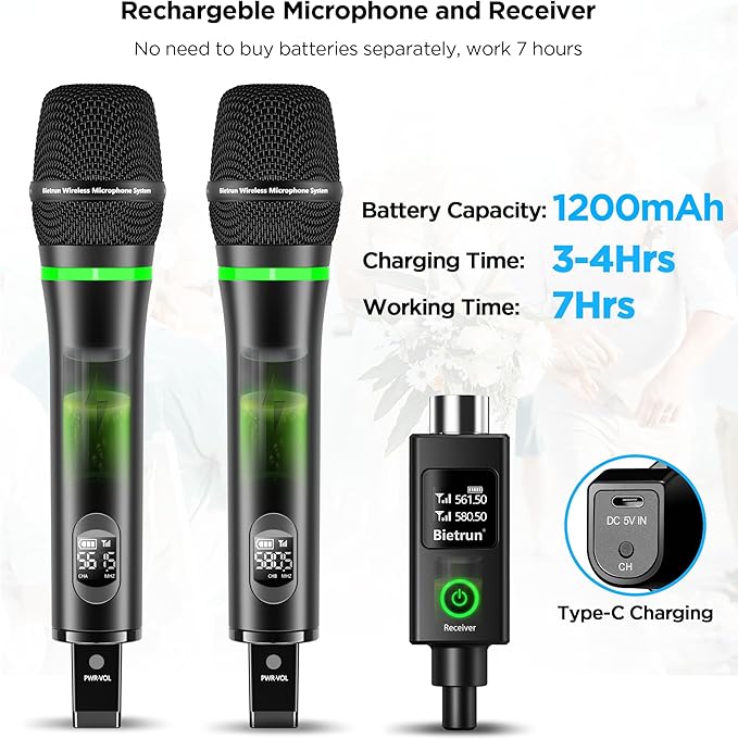 Bietrun XLR Wireless Microphone, Rechargeable Dual Metal Cordless Handheld Dynamic Mics for Mixer, Audio Interface, PA Amplifier System, Church, Singing, Karaoke(UHF 240FT Range)(with 6.35 Adapter)