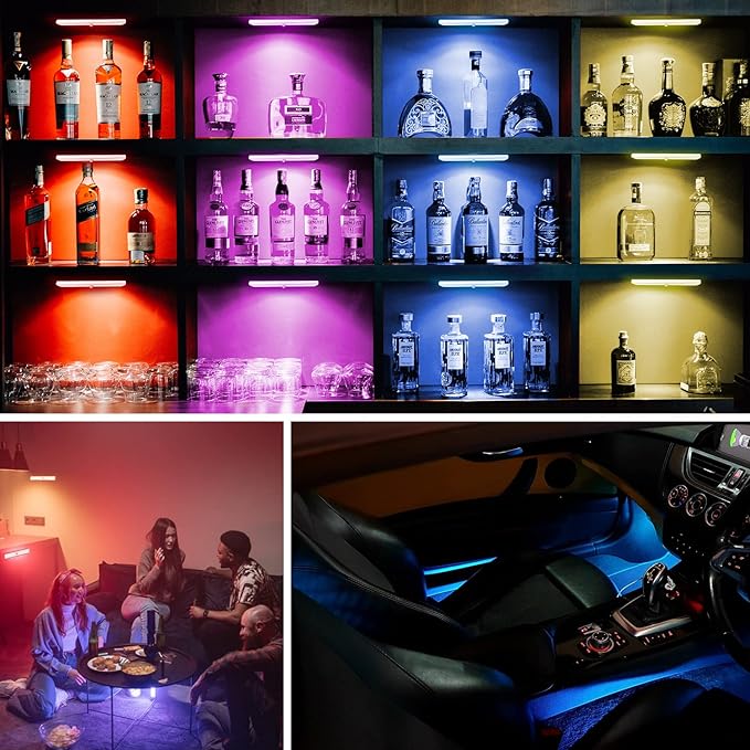 Diomart 48 LED Under Cabinet Lighting Wireless, 15 Colors Changeable Rechargeable RGB Under Cabinet Lights Remote Control Under Counter Lights Mini Night Light Bar for Indoor Display Shelf, 4 Pack