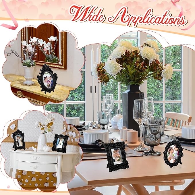Maitys 25 Pcs Mini Picture Vintage Frames with Stands Tiny Antique Photo Baroque Ornate Resin Oval Frame Table Top Display Home Wedding Decor (Black)