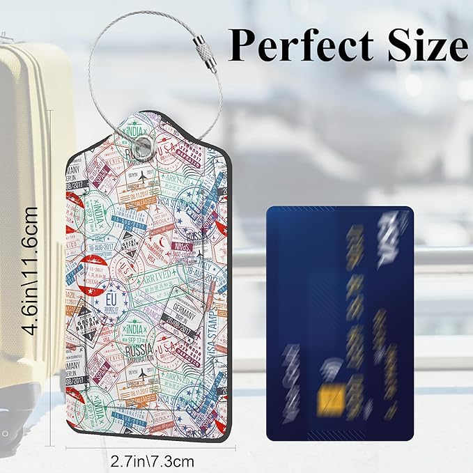 Travel Stamp 2 Pack PU Leather Luggage Tags with Stainless Steel Loop, Funny Retro Labels for Quick Spotting with Privacy Cover ID Label