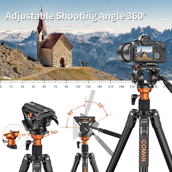COMAN 73" Camera Tripod with Fluid Head, Lightweight Portable Tripod for Camera with Detachable Monopod Aluminium Alloy and QR Plate for DJI Canon Nikon Sony DSLR Camera Black Max Load 22.04lb(FF06S)