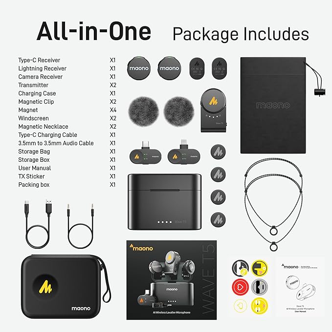 MAONO Wireless Lavalier Microphone for iPhone/Android/Camera/PC, Mini Lapel Mic with 48khz 24bit, Voice Filter, Noise Cancellation, 30h Battery, USB-C/Lightning Plug for Video Recording - Wave T5