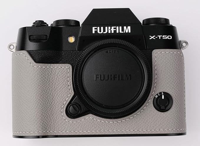 Handmade Genuine Leather Camera Half Case for Fujifilm X-T50 - Top Layer Cowhide Body + Metal Base Plate - Hand Shank Free Design (Gris Mouette)
