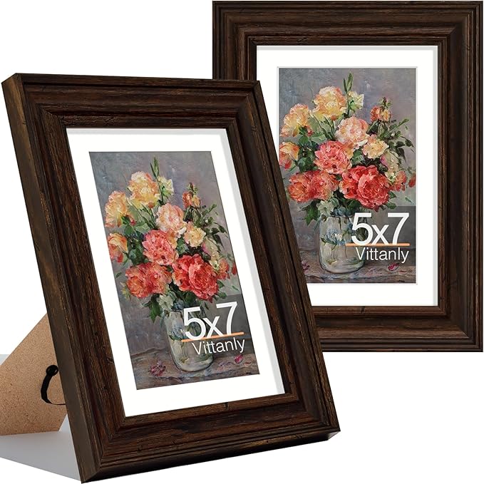 Vittanly 5x7 Picture Frames Set of 2, Ornate Vintage Photo Frame for Wall or Tabletop, Display 4x6 Pictures with Mat or 5x7 without Mat, Rustic Brown