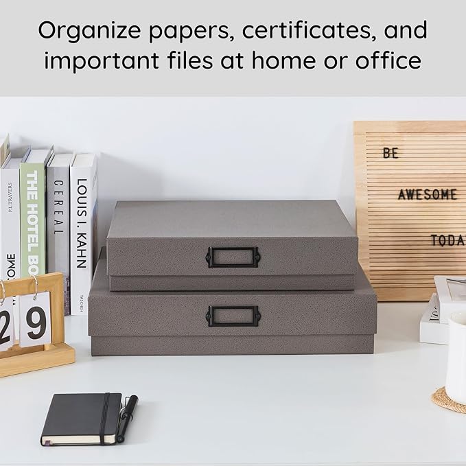 Soul & Lane Decorative Storage Boxes with Lids - Set of 2, Legal Size and A3 Document Boxes for Art and Scrapbooks with Metal Label Holder, Cardboard Photo Storage for Keepsakes & Memories, Gray