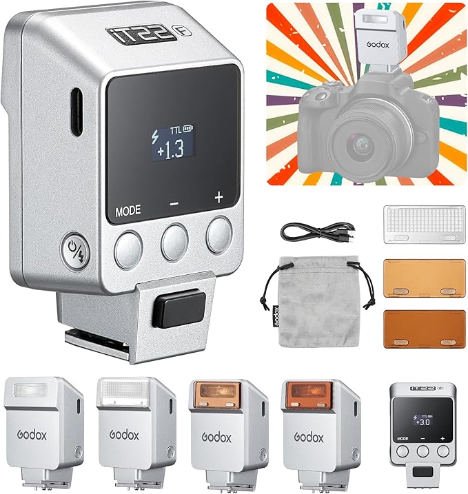 Godox iT22 N Mini Camera Flash for Nikon with 7.4V 300mAh Battery Manual/TTL Modes 700+Flashes 1.5s Recycle Hot Shoe Flash with Diffuser/Color Filters Accessories for Nikon Camera (Silver)
