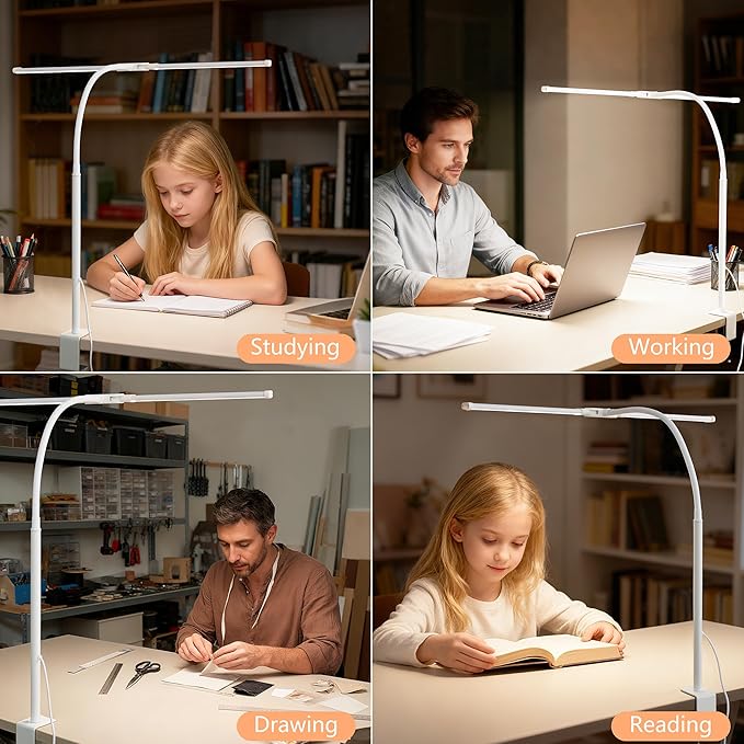 Dual-Head LED Desk Lamp for Office Home, Adjustable Flexible Eye-Caring Desk Light, 5 Modes 10 Brightness Adjustment, USB Adapter Desk Lamp with Clamp-ST-W