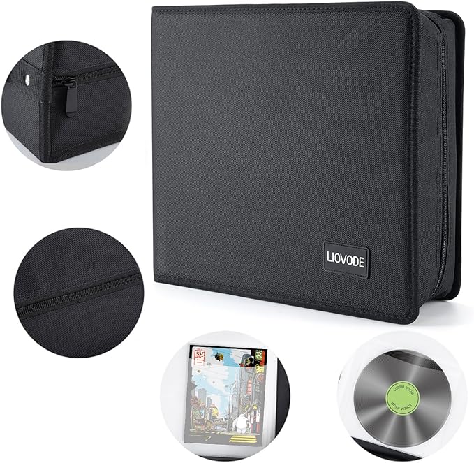 DVD Case 200 DVDs and 100 Booklets Capacity, CD/Blu-ray Storage Binder Case with Booklet Inserts Media Organizer Holder Black Blu ray Wallet for Car (200 Capacity)