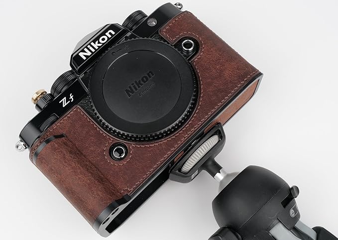 Handmade Genuine Leather Camera Half Case for Nikon ZF/Nikon ZF Camera Case - Top Layer Cowhide Body + Hand Sewn Saddle Stitch + Metal Base Plate (Dark Brown)