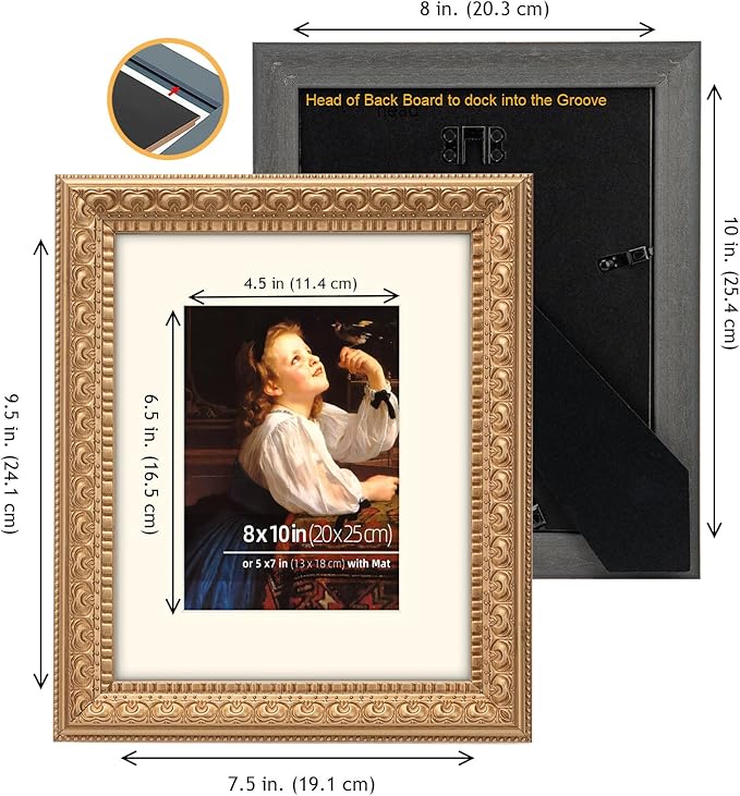 8x10 in Antique Gold Ornate Vintage Wood Picture Frame, Matted for 5x7 Photos, Real Glass Protection, Tabletop or Wall Mounting Display