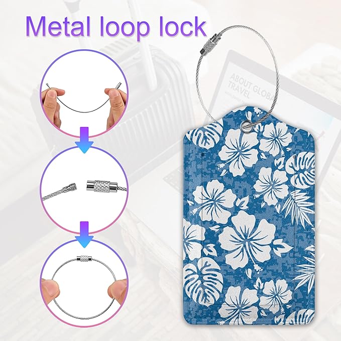 Summer Luggage Tag for Suitcase,Blue Hawaiian Hibiscus Flowers Tropical Unique Travel Tags with Privacy Cover ID Label & Stainless Steel Loop for Men Women