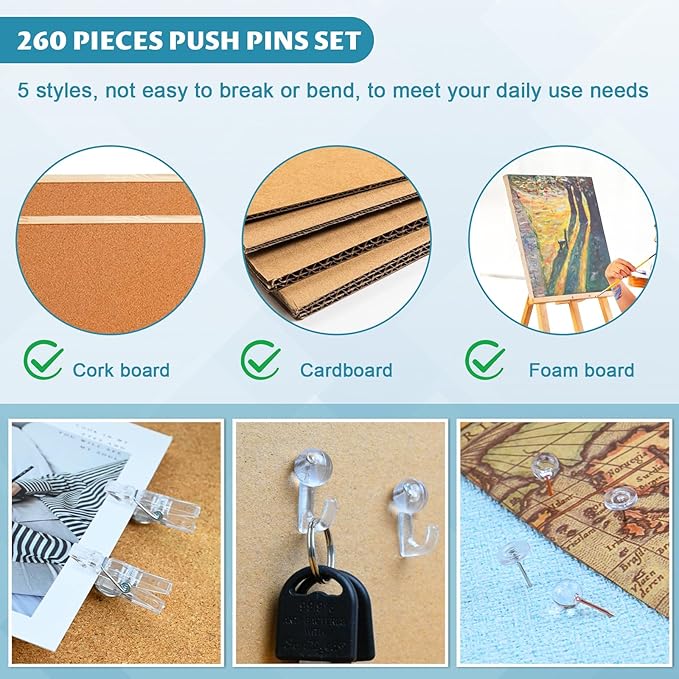 260 Pcs Push Pins Set 5 Styles Clear Thumb Tacks Map Pins Assorted Push Pins for Bulletin Board, Cork Board