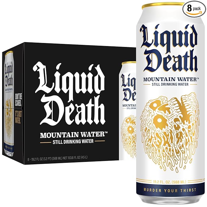 Liquid Death, Still Mountain Water, 8-Pack (19.2oz Cans), Real Mountain Source, Infinitely Recyclable Ice-Cold Cans, American Made