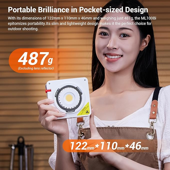 Godox ML100Bi 100W Portable LED Video Light,CRI 97+/TLCI 98+,0%-100% Brightness& Bi-Color COB Continuous Output Lighting 2800-6500K,11 FX Lighting Effects,App Control Mini Photography Light