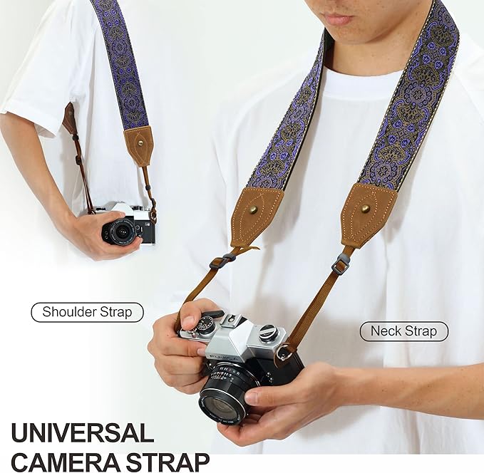 Padwa Lifestyle 2" Wide Classic Crazy Horse Art Cowhide Head Camera Strap - Jacquard Embroidery Floral Vintage Camera Straps for Photographers Gift, Adjustable Shoulder Neck Strap Fits DSLR Cameras