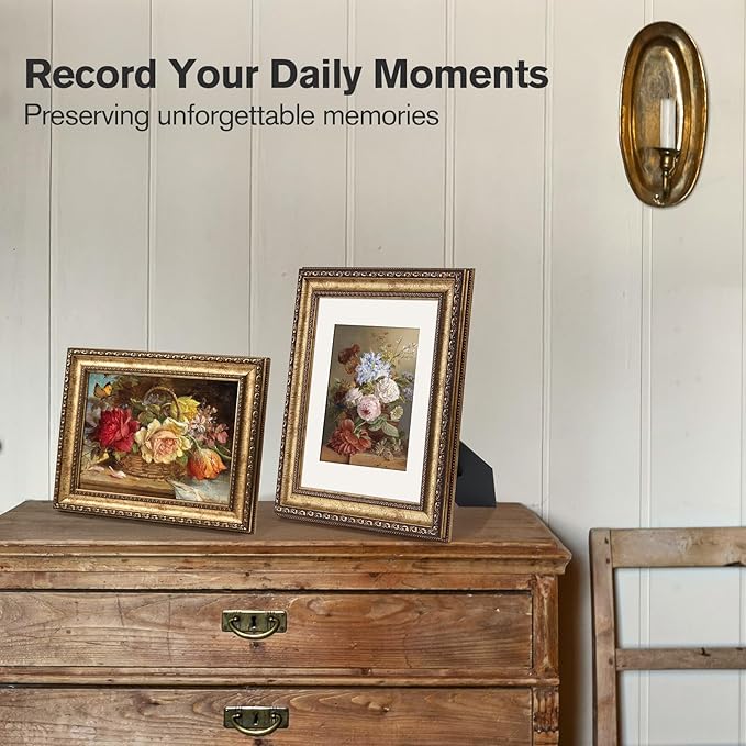 8x10 Gold Picture Frame, 2 Pack Ornate Vintage Picture Frames for Wall or Tabletop Display, 8x 10 Photo Frame Gold with Real Glass, Display Poster 5x7 with Mat or 8x10 without Mat for Antique Déco