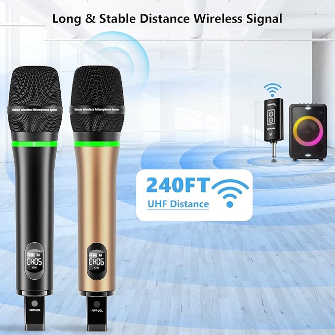 Bietrun Wireless Microphone, 240FT Rechargeable UHF Metal Dual Cordless Handheld Dynamic Mics with Bluetooth for Karaoke Machine, PA System Speaker, Mixer, Party, Church, Wedding(Rose Gold)