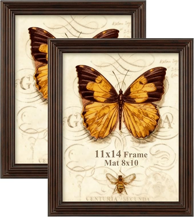 11x14 picture frame, 2 Pack Photo Frame for Wall or Tabletop Display, Ornate Vintage 11 x 14 Picture Frames with Real Glass, Display Poster 8x10 with Mat or 11x14 without Mat for Antique Déco, Brown