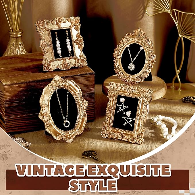 4 Pcs Mini Vintage Jewelry Display Stand Baroque Gold Picture Frame Necklace Earrings Holder Jewelry Photography Props Organizer with Velvet Backing Antique Decor for Wedding Women Gift