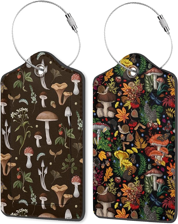 Psychedelic Mushrooms PU Leather Luggage Tags for Suitcase, Butterflies Insects Travel Cruise 2 Pack with Privacy Flap, Name ID Label and Metal Loop for Women Men Girls Baggage Bag