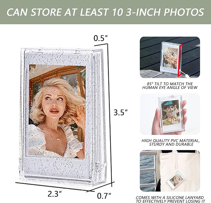 2 Pack Travel Photo Holder for Fujifilm Instax Mini 7+/8/9/11/12/40/90/EVO, 3 inch Photo Storage Case, Camera Clear Photo Protective Box with Wrist Lanyard, Postcard Display Frame (Pink glitter)