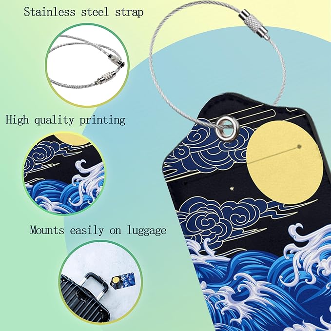 Japanese Sea Wave Moon Luggage Tag, Luggage Tags of Set 2 Leather Identifiers Privacy Cover with Stainless Steel Loop for Women Men Travel Bag Suitcase