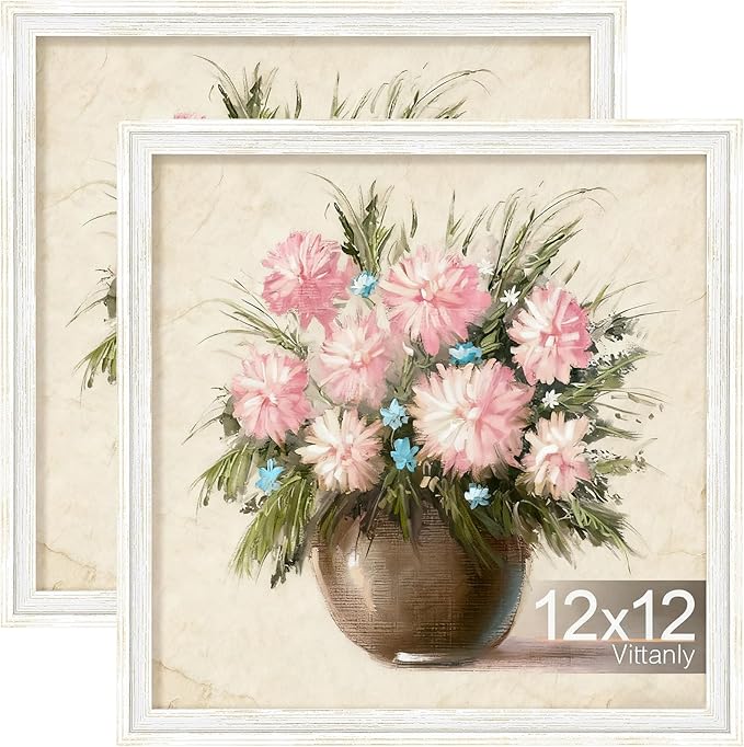Vittanly 12x12 Picture Frames Set of 2, Ornate Vintage Photo Frame for Wall or Tabletop, Display 8x8 Pictures with Mat or 12x12 without Mat, Rustic White