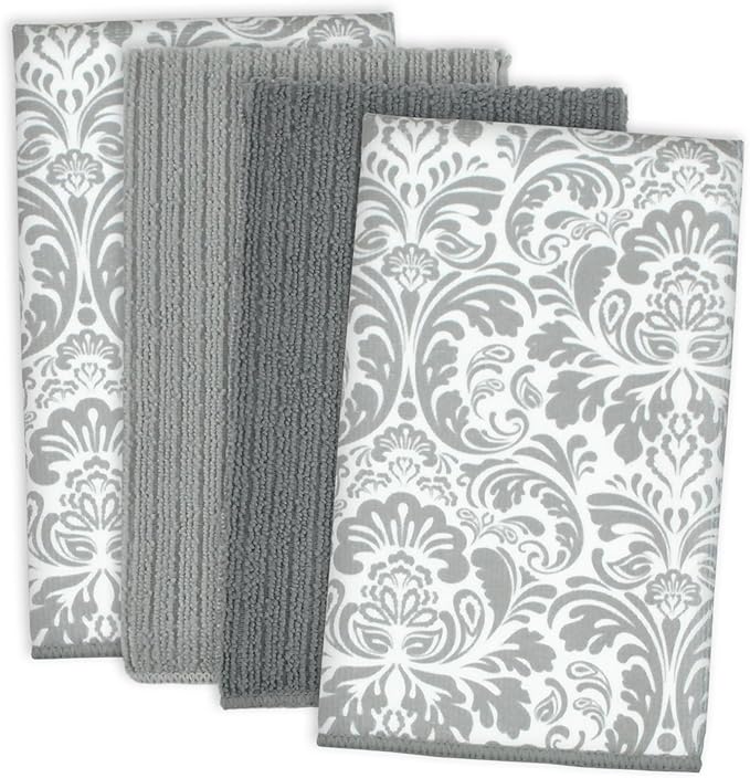 DII Cleaning Collection Multi-Purpose Microfiber, Gray Damask, Dishtowel Set