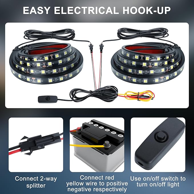 Truck Bed Light Strip - 2PCS 60" 180 LED Waterproof Strip Kit with On/Off Switch/Splitter for Trucks, SUVs, RVs, Boats (6000K Cool White)