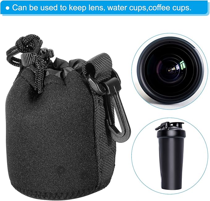 PATIKIL Camera Lens Bag, 3 Pcs 3" ID x 3.9" H Drawstring Pouch With Thick Protective Neoprene, Case for DSLR Camera Lens, Water Coffee Cups Black